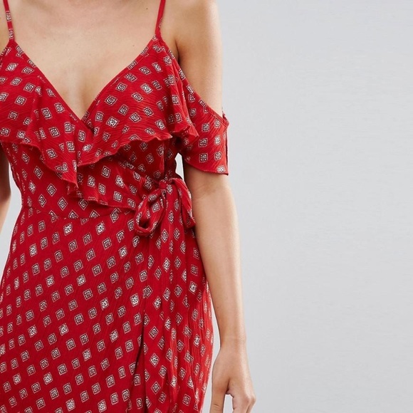 Band of Gypsies Wrap Red Maxi Dress Polka Dot Cold Shoulder - Picture 3 of 13